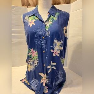LIZ CLAIBORNE 100% Silk Shirt Sz L Blue Floral Casual Fresh Vacation Sleeveless
